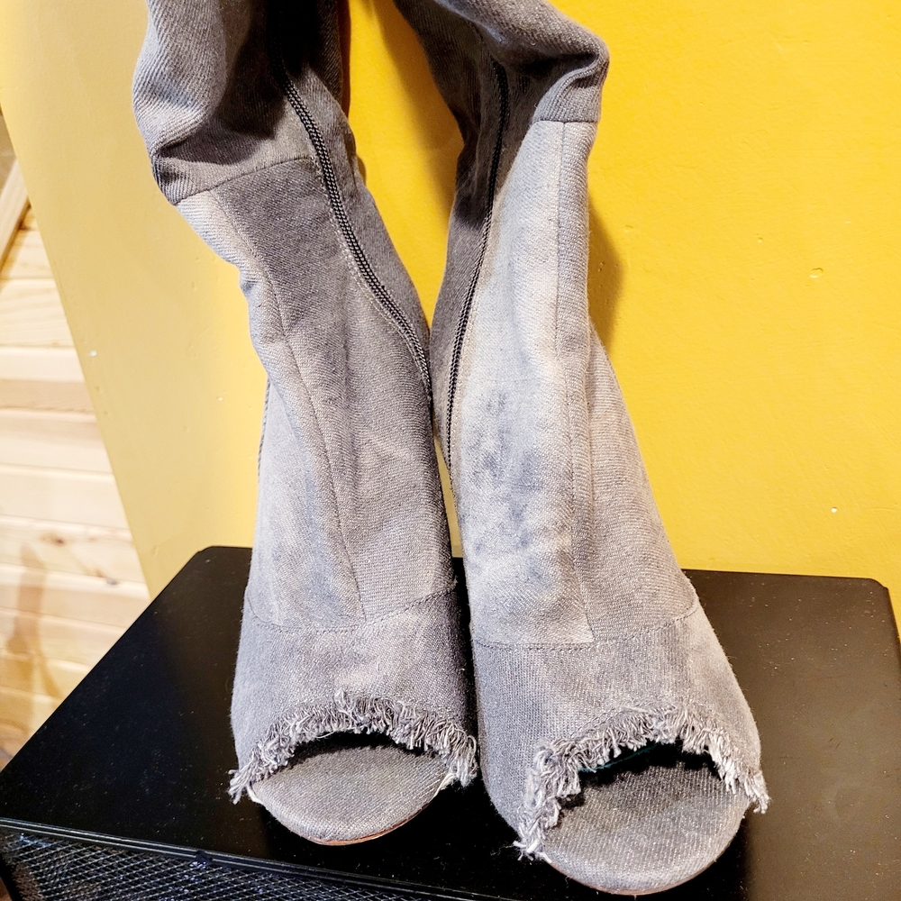 Distressed Gray Denim Heeled Boots